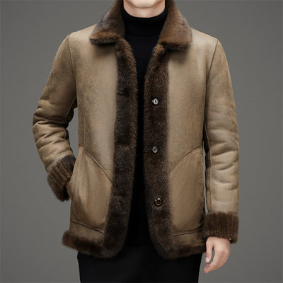 Men's Winter Middle-aged Lapel Golden Mink Leather Wool Coat