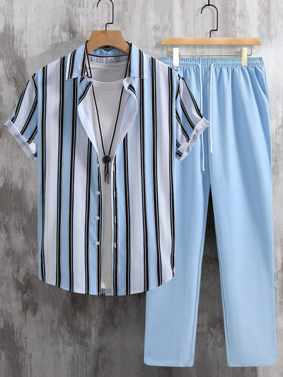 Casual Fashion Striped Short Sleeve Shirt Trousers Suit