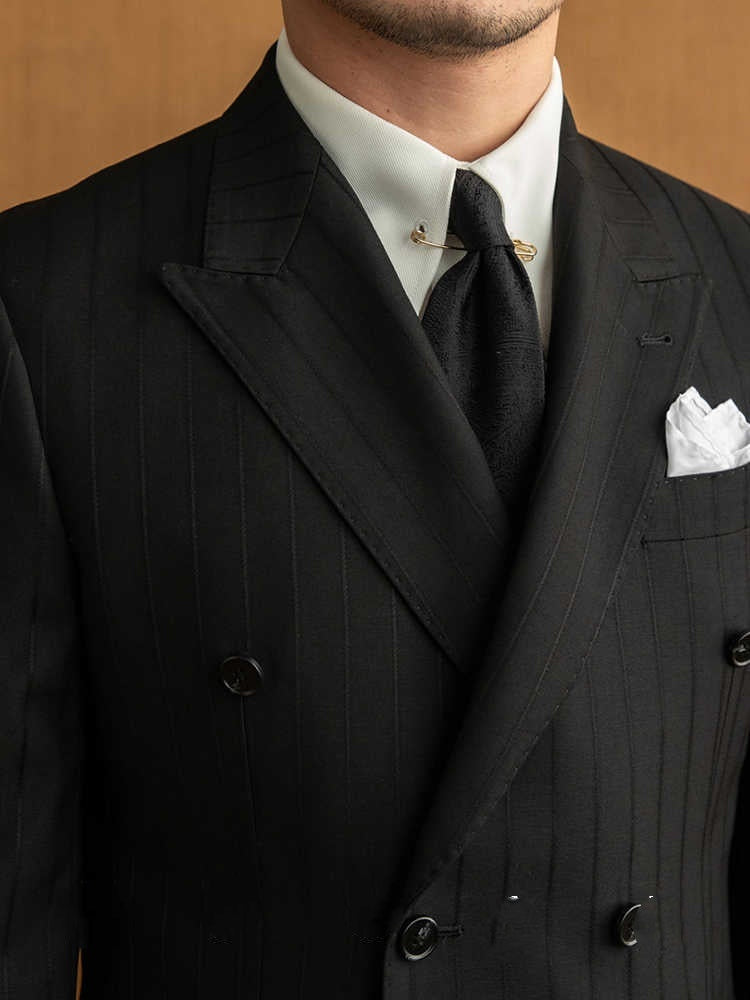 Handsome Man Versatile Black Striped Double Breasted Suit