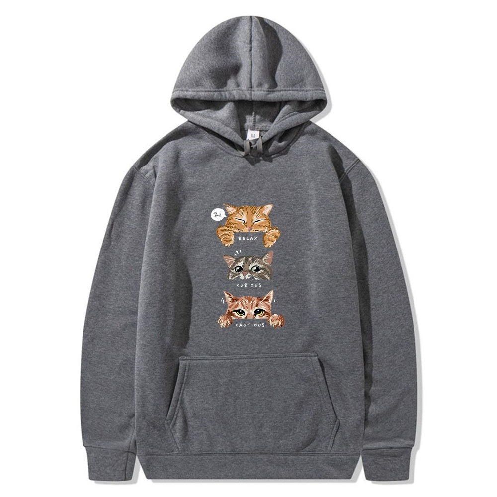 Cat Print Hooded Pullover Leisure Sweatshirt