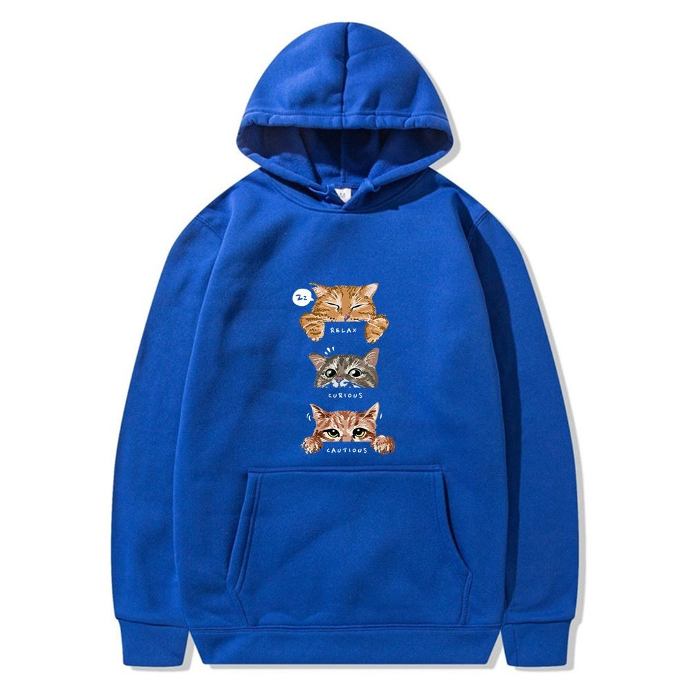 Cat Print Hooded Pullover Leisure Sweatshirt