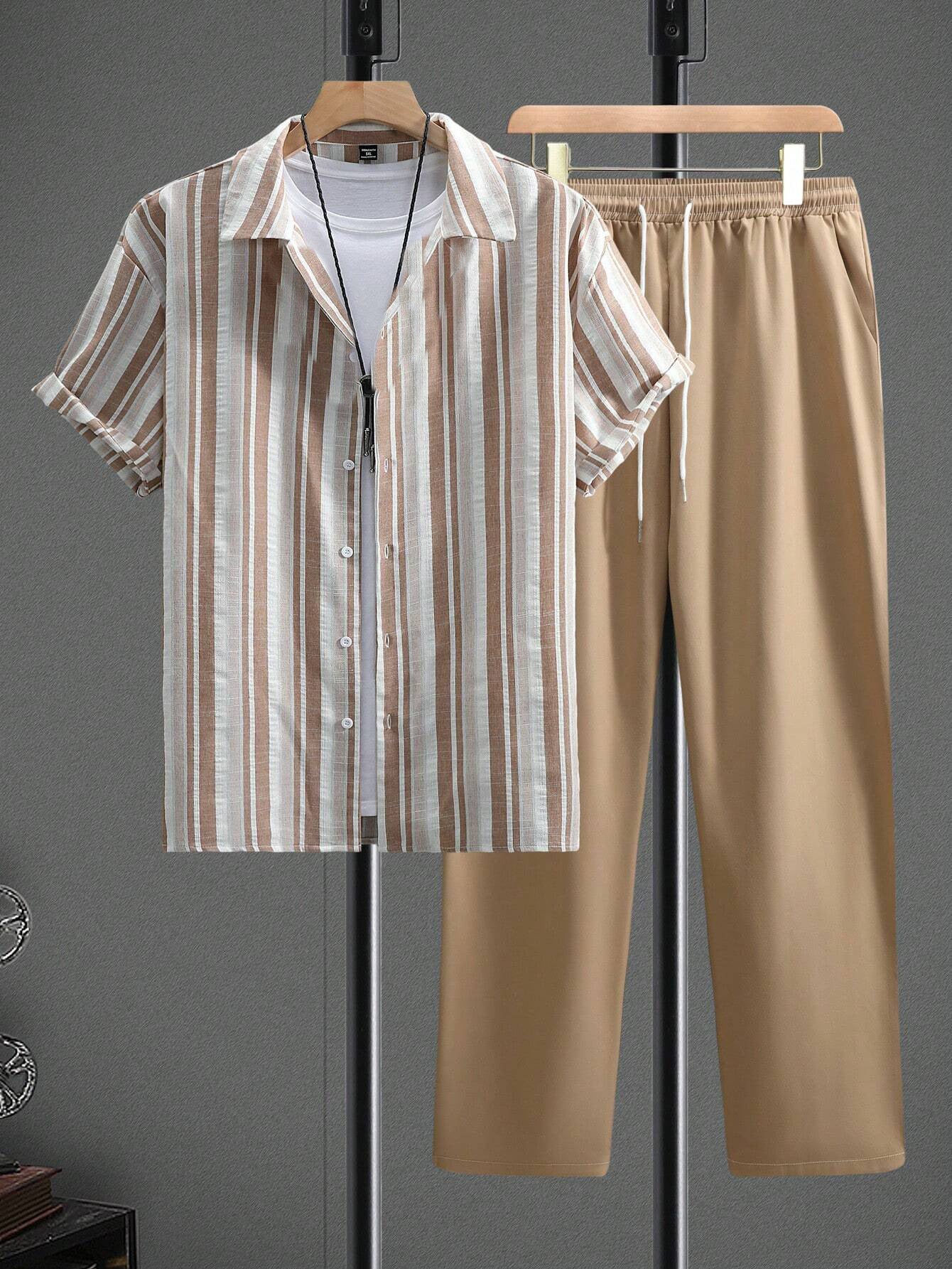 Casual Fashion Striped Short Sleeve Shirt Trousers Suit