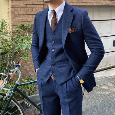 Autumn Winter Retro Herringbone Wool Slim Fit Men's Suits