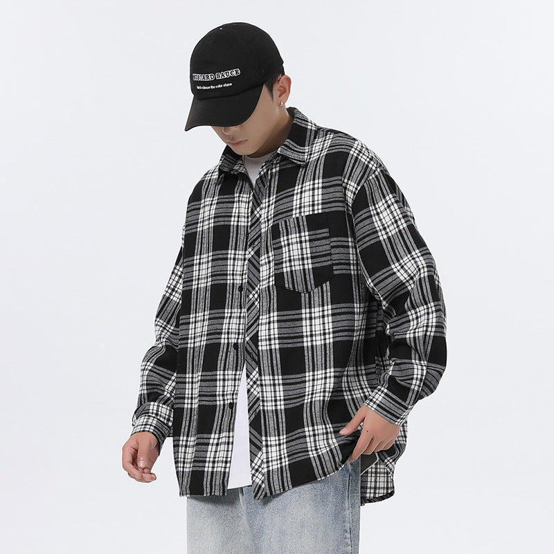 American Retro Plaid For Men Spring And Autumn Loose Casual Bottoming Shirt Coat